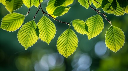 A close-up view of vibrant green leaves on a branch with sunlight streaming through, highlighting detailed leaf textures against a blurred natural background