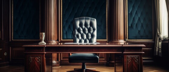 A tufted leather office chair sits behind a large wooden desk in a classic, elegant office. - Powered by Adobe