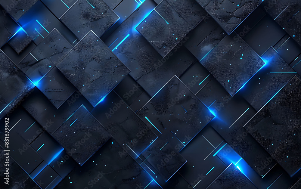 Poster futuristic geometric design with glowing blue lines and dark abstract shapes