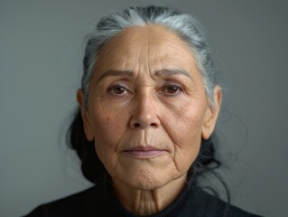 Obraz premium A detailed close-up portrait of an elderly woman with a serene expression, showcasing wisdom and experience through her facial features in a neutral setting