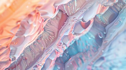 Abstract art with vibrant pastel colors. Blending of pink, peach, blue, and white hues create a...