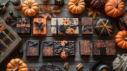 Create a flat lay of Halloween party favors and small gifts