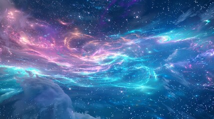 A breathtaking view of a colorful, swirling nebula against a starry backdrop, creating a mesmerizing cosmic scene.