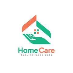 Home Care logo design with abstract roof house combined with caring hand symbol concept. Vector illustration.