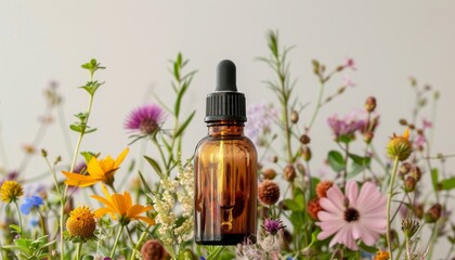 Amber glass dropper bottle surrounded by a field of wildflowers, suggesting natural beauty and herbal ingredients.