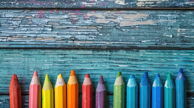 Crayons arranged on a textured wooden surface