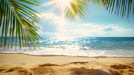 Summer background with frame, nature of tropical golden beach with rays of sun light and leaf palm. Golden sand beach close-up, sea water, blue sky, white clouds. Copy space, summer vacation concept.