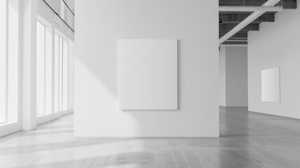 Blank canvas hanging on a white wall in a minimalist gallery setting.  Sunlight streams through windows.