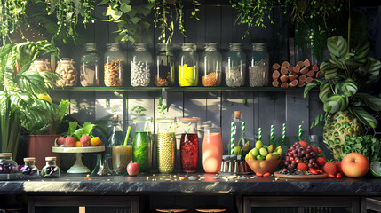 smoothie bar setup with various fruits