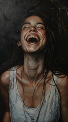 oil painting, young girl laughing, Hair blowing in her face, Dark background