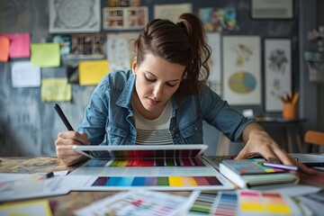 Creative Designer Brainstorming on Digital Tablet in Vibrant Office Space