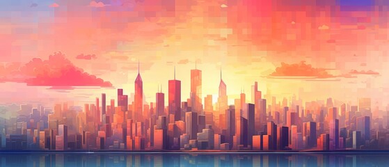 Cityscape silhouette at sunset with colorful sky.