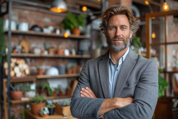 Fototapeta premium Handsome man with a grey beard and blue eyes, dressed in a grey blazer, standing confidently with arms crossed in a modern plant-filled caf?
