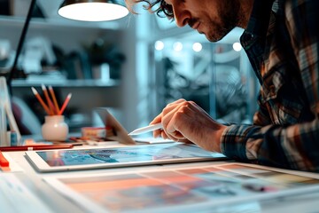 Digital Designer Brainstorming on Tablet in Creative Workspace