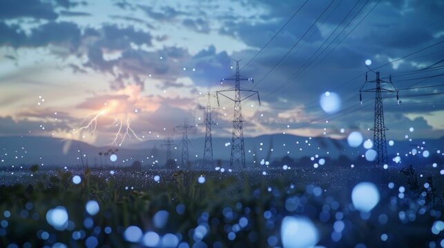 A landscape with tered lightning rods indicating the widespread distribution and decentralization of energy sources.