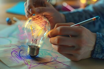 Hands Creatively Designing with Innovative Light Bulb Concept