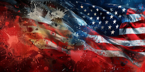 Abstract American flag with dynamic paint splatters in vibrant red, white, and blue colors showcasing artistic expression
