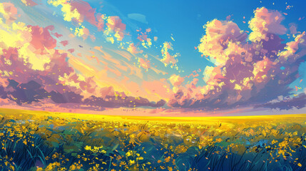 Beautiful field with yellow flowers, beautiful sky with clouds, vector illustration in the style of impressionism, oil painting with brush strokes, high resolution high detail digital art