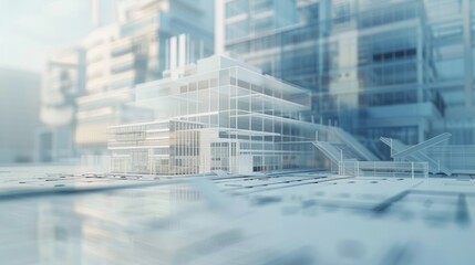 Futuristic architectural blueprint concept showcasing modern building designs with transparent structures and intricate detailing.