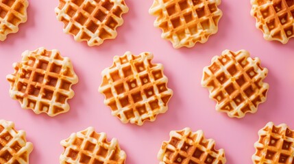 Crispy round waffles displayed in a symmetrical pattern on a pastel pink background. Perfect breakfast or dessert image for food lovers.