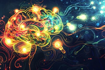 Glowing Abstract Brain with Swirling Lights and Imaginative Designs Symbolizing Creativity Intellect and Innovation