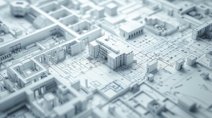 Intricate architectural model displaying detailed blueprints and structural elements of a city or building complex in a monochromatic theme.