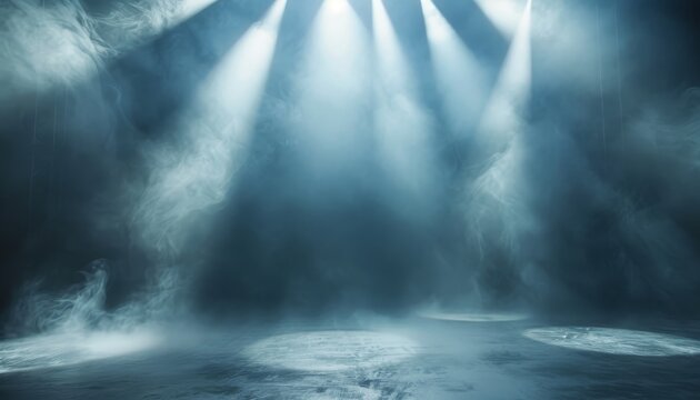Dramatic stage illuminated by spotlights amid foggy ambiance, perfect for concert or performance themes.