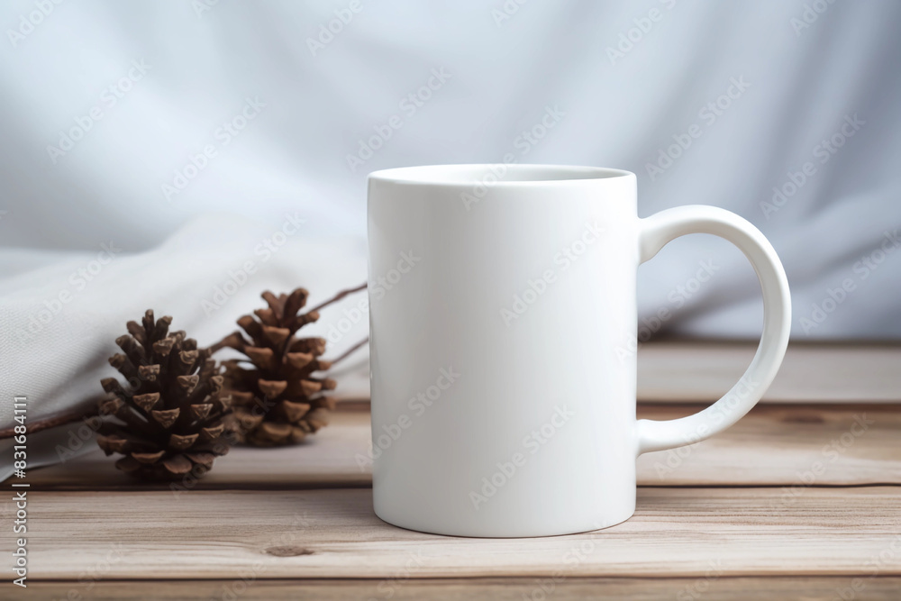 Wall mural a mockup of a all-white blank mug, sitting on a wooden table with some pine cones and fabric in the 