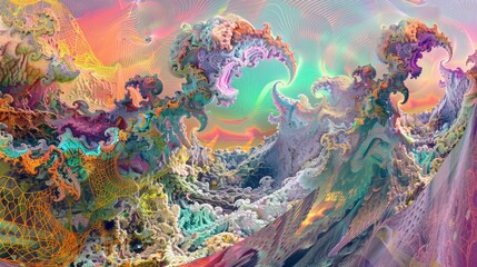 Naklejka premium Surreal, vivid fractal landscape with colorful, swirling patterns and intricate details, blending fantasy and abstract art seamlessly.