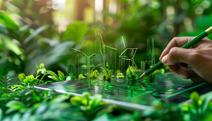Businessman drawing a sustainable cityscape with wind turbines and greenery on a digital tablet