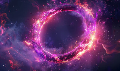 Neon energy ring with purple and pink flames and sparks, radiating dynamic mystical energy