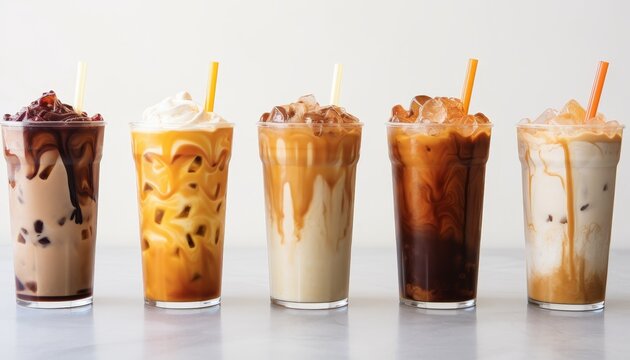 Five iced coffee drinks with different flavors, topped with whipped cream or foam.