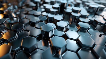 Obraz premium A pattern of geometric shapes like triangles, hexagons or cubes all with a reflective chrome finish