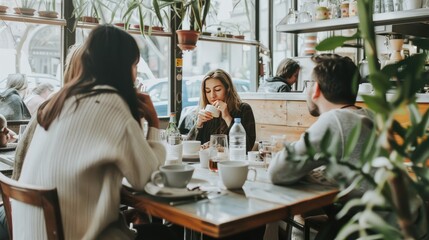 People enjoying coffee in cafe, AI generated Image