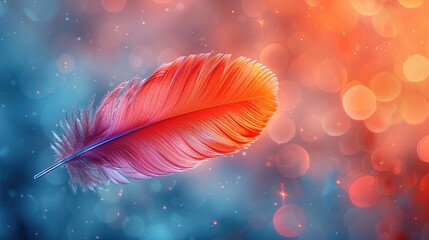 A colorful bird feather gracefully floats through the air a soft gradient background. Aesthetic design. Generative AI