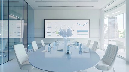 A modern, minimalist conference room with glass walls and white chairs around an oval blue-tinted table in the center of which are placed two presentation boards showing graphs. The first board shows