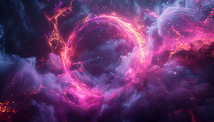 Obraz premium Neon energy sphere with purple and pink flames, sparks, and swirling dynamic energy on a dark background