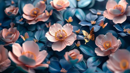 Vibrant 3D flowers in pink and blue, golden butterfly highlighted, detailed petals and textures, dynamic and colorful artwork