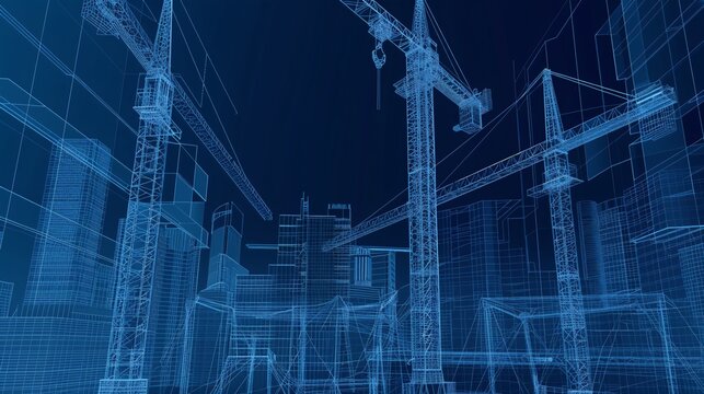 A digital wireframe rendering of construction cranes and buildings in the background, representing building technology for commercial office space development. The blue color scheme emphasizes