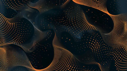 3D Rendering Of A Particle Field. Orange Glowing Dots On Dark Blue Background.