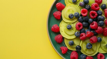 Green Pancakes With Raspberries And Blueberries On A Green Plate On A Yellow Background.