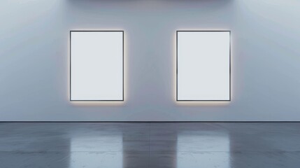 Minimalist art gallery interior with two blank picture frames on a white wall and polished concrete floor, suitable for exhibitions or background use.