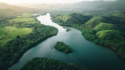 The image shows a top view of a river flowing through a valley. the river is surrounded by green hills and the sky is blue with some clouds.