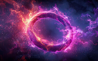 Neon energy ring with vibrant purple and pink flames and sparks, radiating mystical energy