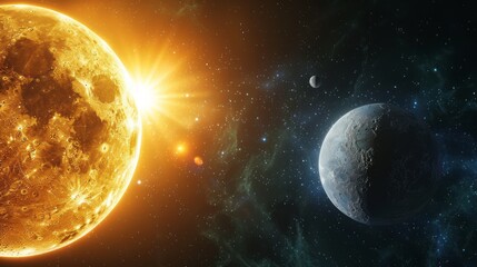 Obraz premium The sun and the moon with a blue planet in the distance.