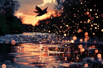 Ethereal Fairy Soaring Above Sparkling Twilight River