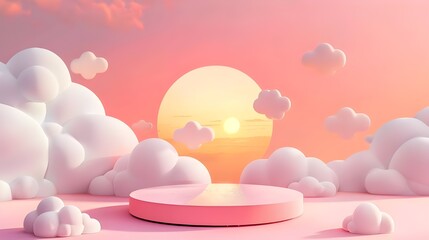 3D Podium with Puffy Clouds and Pink Sunset Sky
