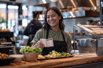 A woman wearing an apron, in a restaurant kitchen smiling and holding a mini menu