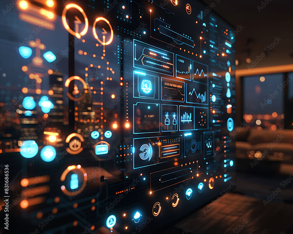 Poster Advanced smart home interface with glowing icons for various features, showcasing machine learning technology in a contemporary home