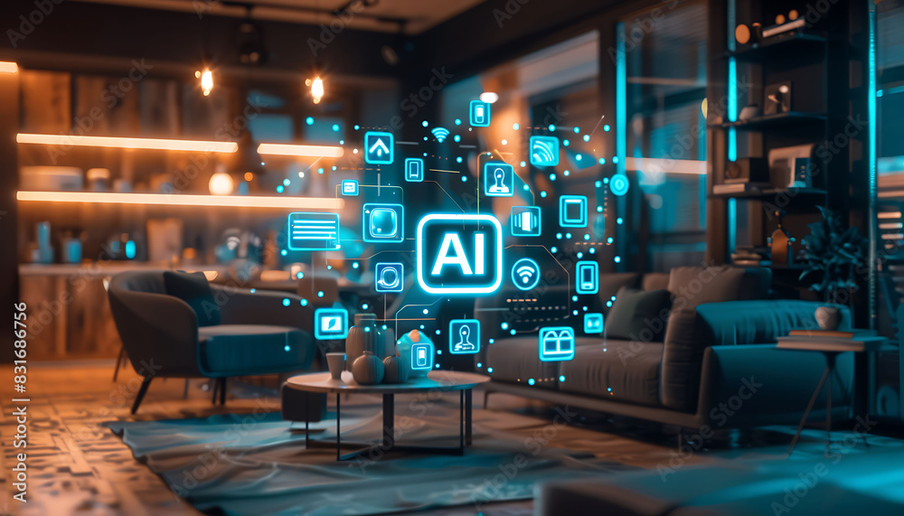 Poster ai-centered network of smart home devices with interconnected icons in a modern, cozy living room